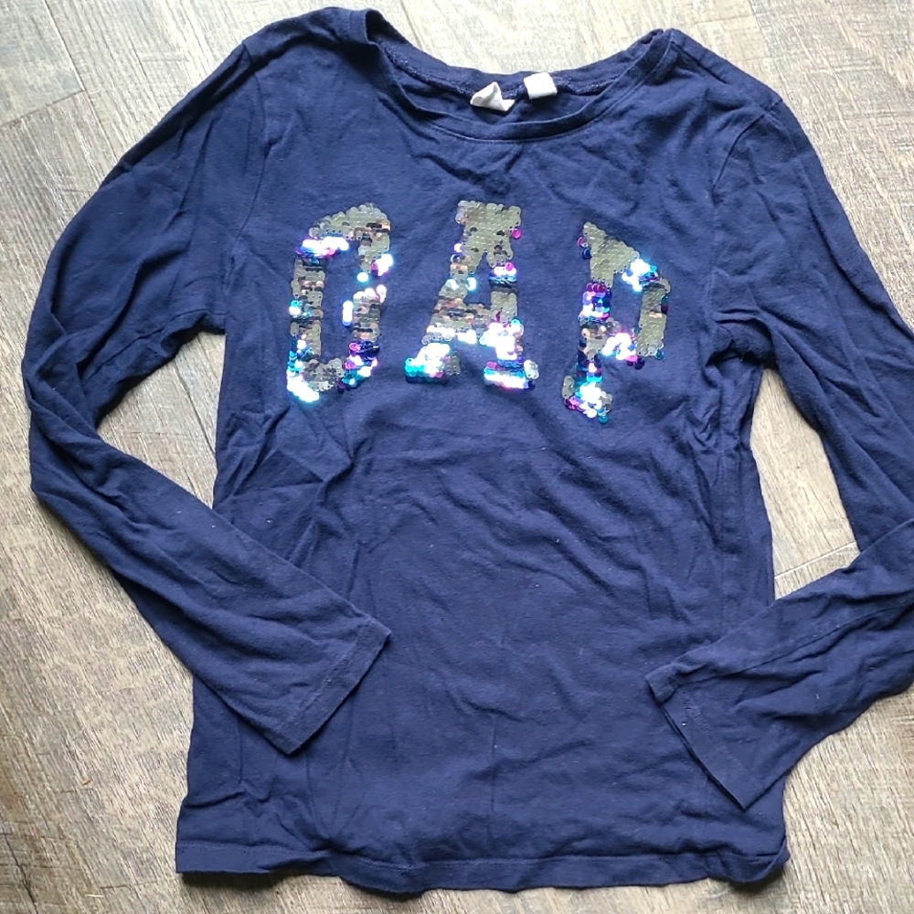 GAP Blue Long Sleeve Tee with Floral Logo Girls Size Large